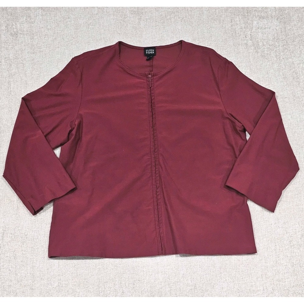 Eileen Fisher Large Red Soft Stretch Lightweight Zip Up Jacket Lagenlook